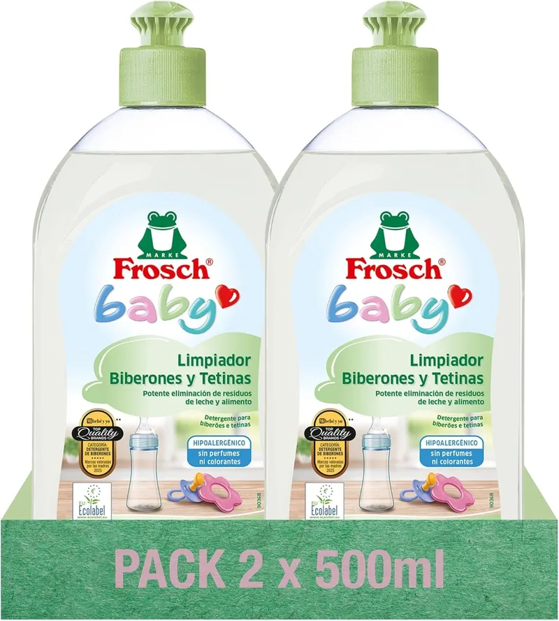 Frosch Baby ▫️ Detergente Ecológico para Biberões e Chupetas, Embalagem de 2 x 500 ml | Hipoalergénico, Sem Fragrâncias, Com Pantenol, Sem Conservantes nem Corantes