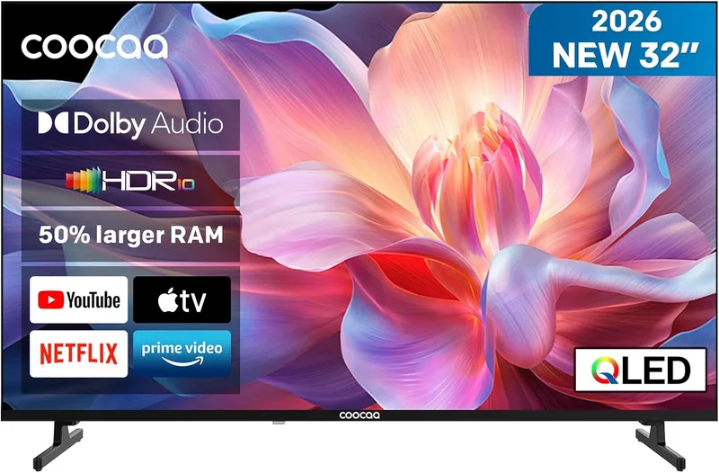 coocaa ▫️ Smart TV 32 polegadas QLED 32CTQH38Z, 1,5 GB de RAM, Modelo 2026, TV HD Ready com Netflix, Prime Video, Youtube, Disney+, Dolby Audio, HDR10, Sintonizador triplo (DVB-T2/C/S2), HDMI ARC, Bluetooth