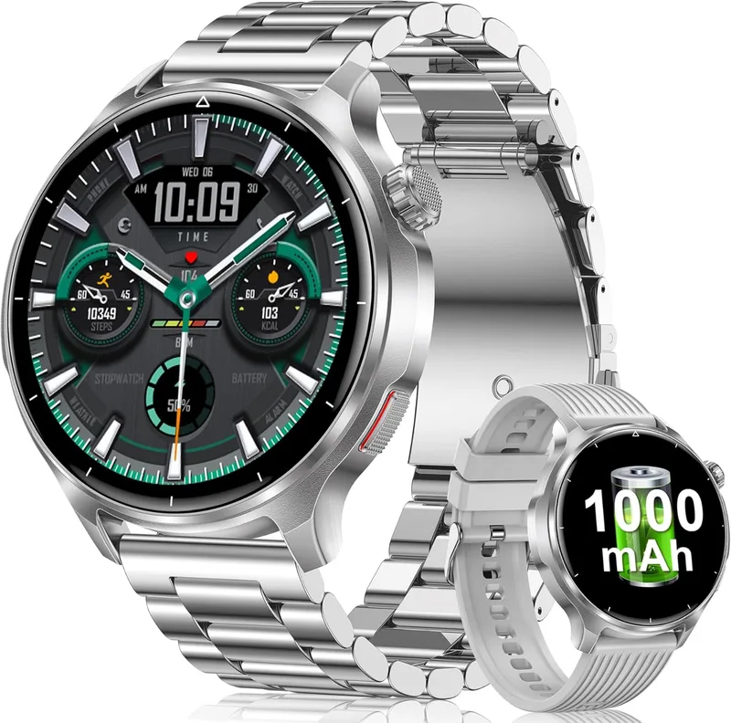 Fitonme ▫️ Relógio inteligente para homem, bateria de 1000 mAh, ecrã HD grande de 1,52'' | Smartwatch com chamadas Bluetooth, mais de 120 modos desportivos, frequência cardíaca, monitorização do sono, compatível com Android e iOS, duas braceletes, prateado