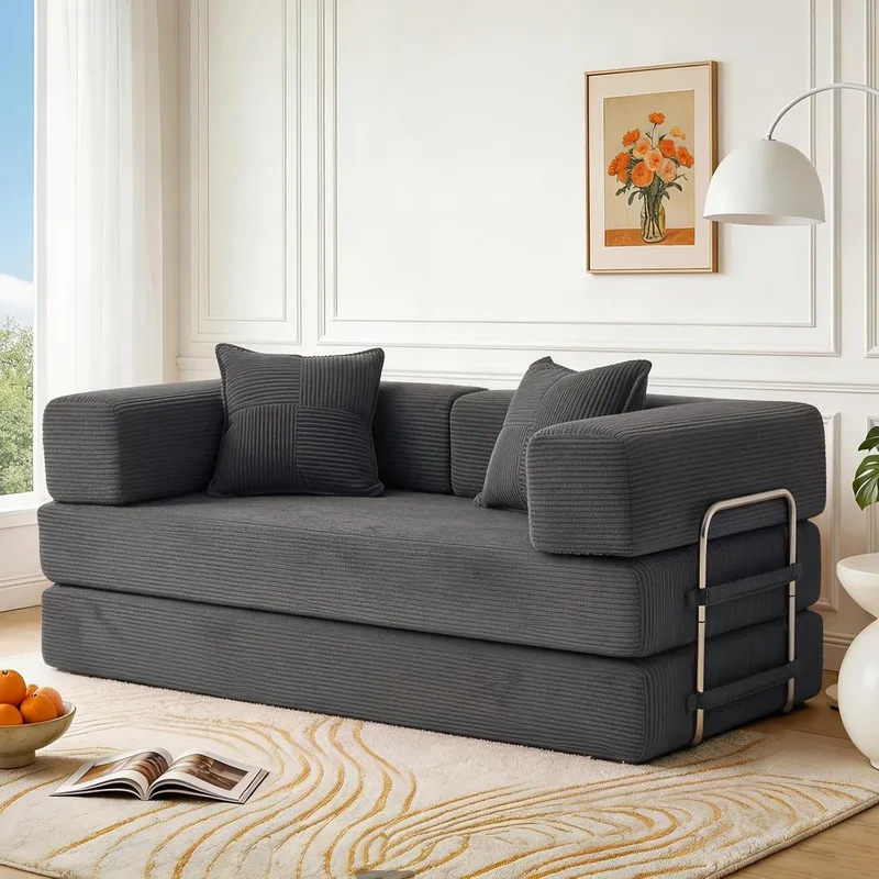 Vipbear ▫️ Sofá-cama de 2 lugares com 160 cm, com espuma e molas, para sala de estar, cinzento | Modular, versátil 5 em 1, veludo cotelê