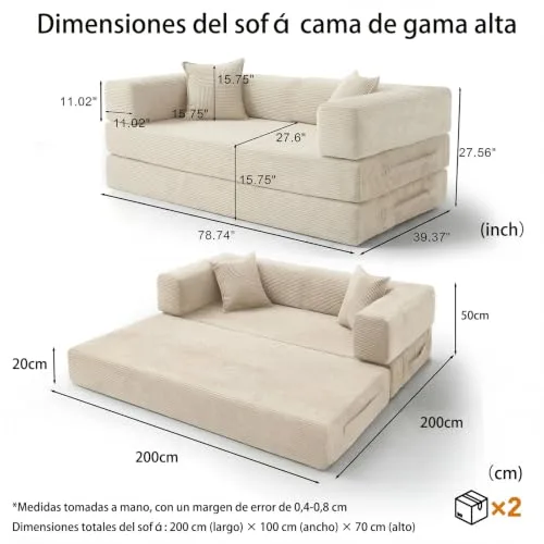 Vipbear ▫️ Sofá-cama de 3 lugares com 200 cm, com espuma e molas, para sala de estar, branco 2