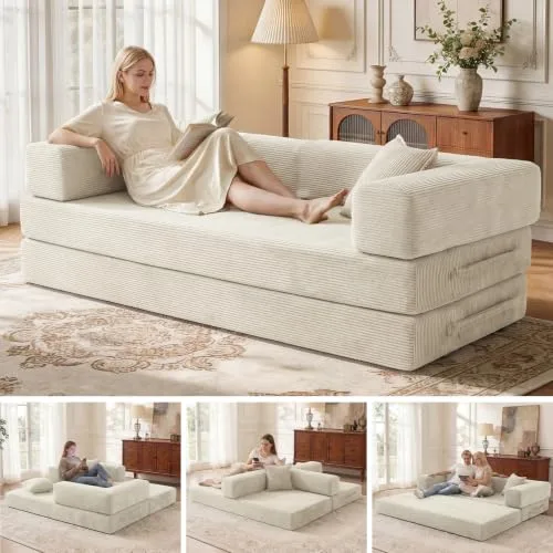Vipbear ▫️ Sofá-cama de 3 lugares com 200 cm, com espuma e molas, para sala de estar, branco 3