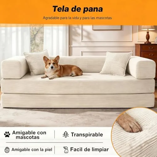 Vipbear ▫️ Sofá-cama de 3 lugares com 200 cm, com espuma e molas, para sala de estar, branco 6