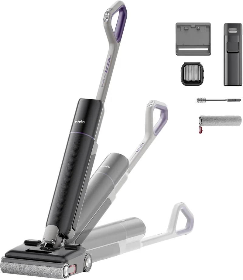 EUREKA ▫️ Aspirador e esfregona sem fio FloorShine 830, aspirador e esfregona para limpeza a seco e a húmido, 22 kPa, especial para animais de estimação, Limpeza de bordas, anti-emaranhamento, 60 min, 180°, autolimpeza com secagem a 75 °C, preto