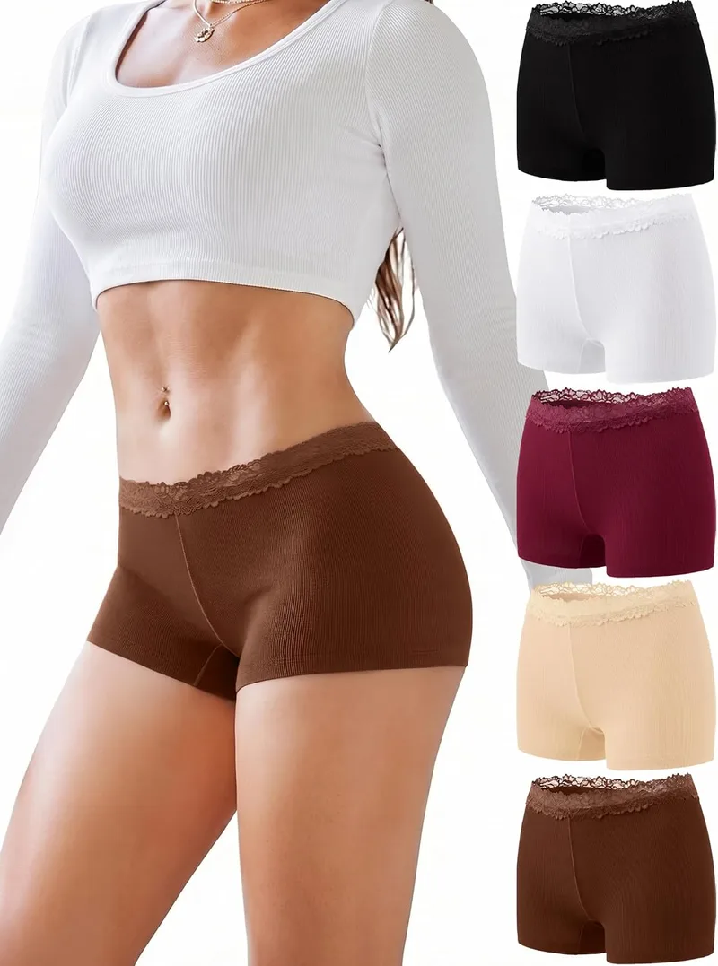 Briyat ▫️ Conjunto de 5 cuecas boxer de algodão com renda para mulher