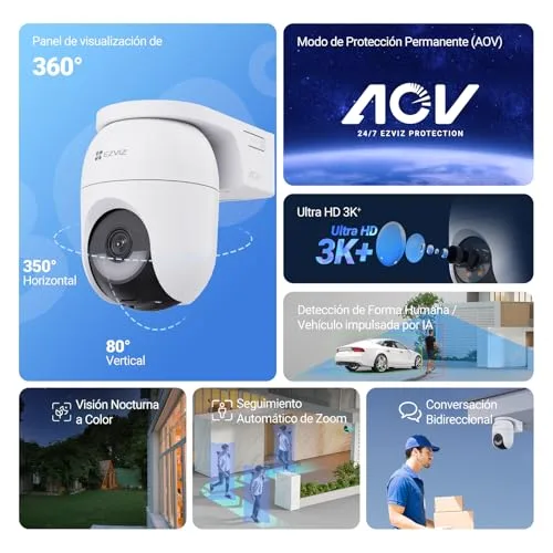 EZVIZ ▫️ Câmara de vigilância exterior de 6 MP com energia solar e bateria, AOV, Wi-Fi, 360° sem fios, 3K+, deteção de pessoas/veículos com IA, visão noturna a cores, zoom automático. CB8 Lite + painel solar de 5 W, segurança doméstica 2