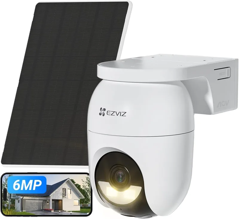 EZVIZ ▫️ Câmara de vigilância exterior de 6 MP com energia solar e bateria, AOV, Wi-Fi, 360° sem fios, 3K+, deteção de pessoas/veículos com IA, visão noturna a cores, zoom automático. CB8 Lite + painel solar de 5 W, segurança doméstica
