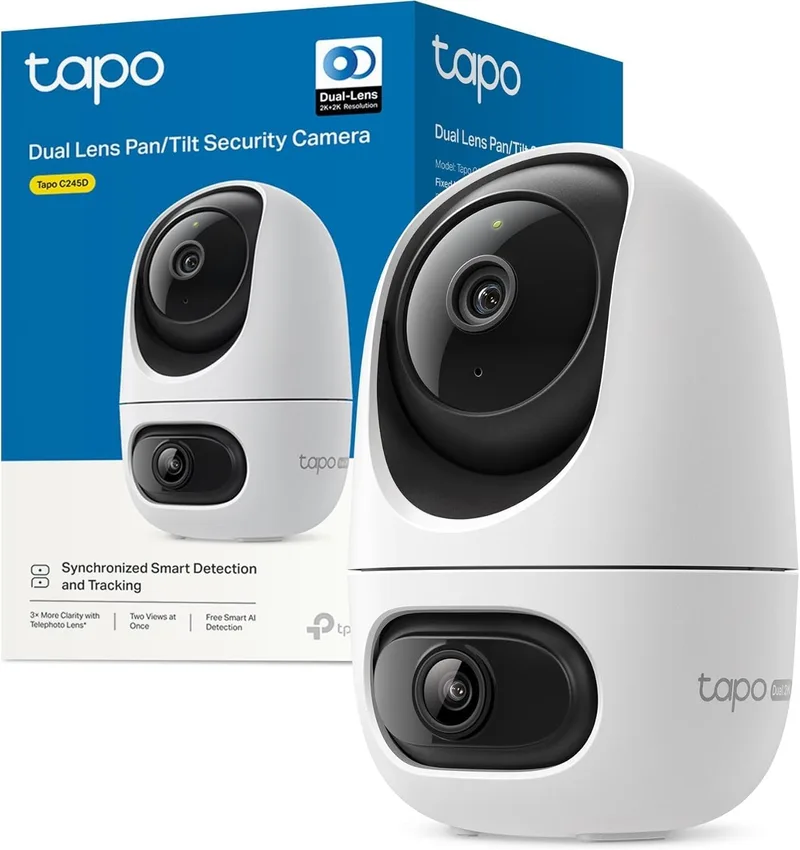 Tapo ▫️ C245D - Câmara de vigilância Wi-Fi para interiores com lente dupla 2K, seguimento automático de 360°, deteção por IA de pessoas/animais de estimação/veículos, visão noturna, áudio bidirecional, armazenamento local