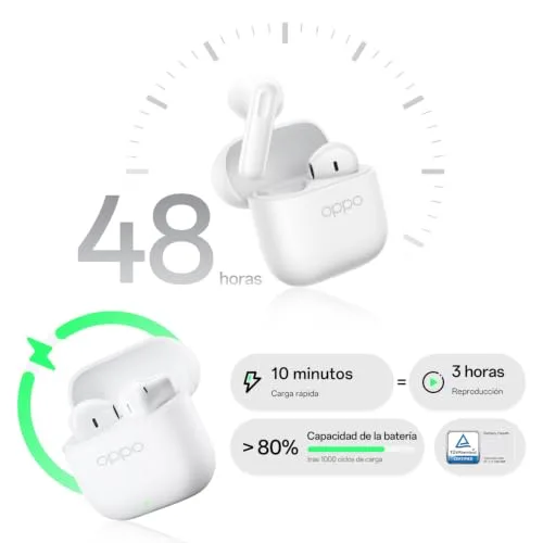 OPPO ▫️ Auscultadores sem fios Enco Buds3, Bluetooth 5.4, resistência à água IP55, bateria com 48 horas de autonomia, tradução por IA, modo de jogos com 47 ms, branco 3