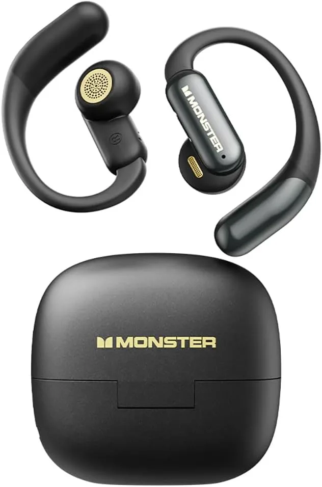 Monster ▫️ MS-AC317 Auscultadores sem fios de ouvido aberto, Bluetooth 5.4, com redução de ruído por IA, 24 horas de reprodução, carregamento rápido via USB-C, controlo tátil