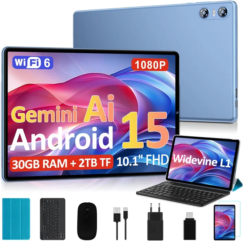 BIEGEDY ▫️ 2026 Tablet 10 Polegadas Android 15, Gemini AI, Octa-Core, 5G WiFi 6, 30GB RAM (2TB TF), Widevine L1, GMS, GPS, BT 5.0, 6000mAh, 5+8MP, 3.5mm Audio, FHD Tablet com Teclado+ Rato + Estojo, Azul