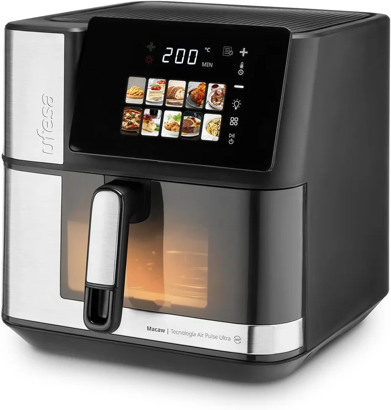 Ufesa ▫️ Fritadeira de Ar Quente Macaw 8,8 L 2200 W, Dupla Resistência, Cozedura Rápida e Crocante, Air Pulse Ultra 360º, Ecrã Tátil Digital com 10 Programas, Janela com Luz, Inclui Tabuleiro Antiaderente
