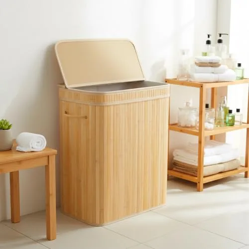 Relaxdays ▫️ Cesto para roupa suja com tampa, em bambu, 150 l, 3 compartimentos, 61,5 x 61 x 41,5 cm, para casa de banho, cor natural 3
