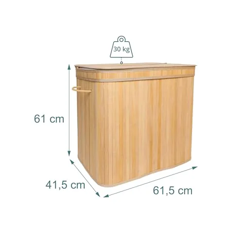 Relaxdays ▫️ Cesto para roupa suja com tampa, em bambu, 150 l, 3 compartimentos, 61,5 x 61 x 41,5 cm, para casa de banho, cor natural 4