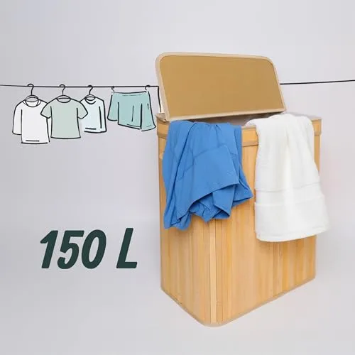 Relaxdays ▫️ Cesto para roupa suja com tampa, em bambu, 150 l, 3 compartimentos, 61,5 x 61 x 41,5 cm, para casa de banho, cor natural 5