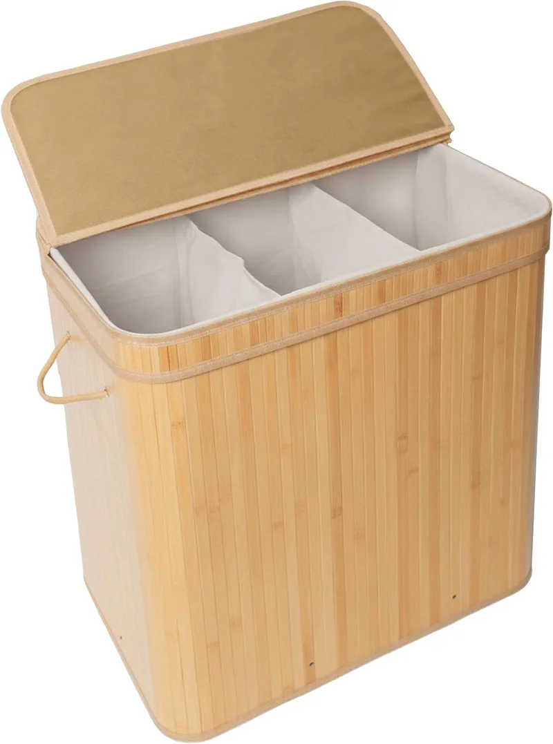 Relaxdays ▫️ Cesto para roupa suja com tampa, em bambu, 150 l, 3 compartimentos, 61,5 x 61 x 41,5 cm, para casa de banho, cor natural