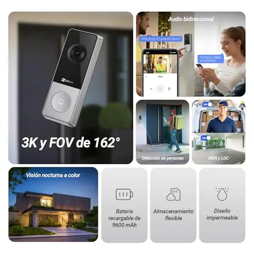 EZVIZ ▫️ CP8 Campainha sem fios para exterior com câmara de 5 MP, campainha incluída, deteção de pessoas, visão noturna a cores, bateria recarregável de 9600 mAh, áudio bidirecional, MicroSD/nuvem, Wi-Fi de 2,4 GHz 2