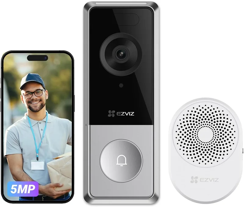 EZVIZ ▫️ CP8 Campainha sem fios para exterior com câmara de 5 MP, campainha incluída, deteção de pessoas, visão noturna a cores, bateria recarregável de 9600 mAh, áudio bidirecional, MicroSD/nuvem, Wi-Fi 6 (2,4 GHz)