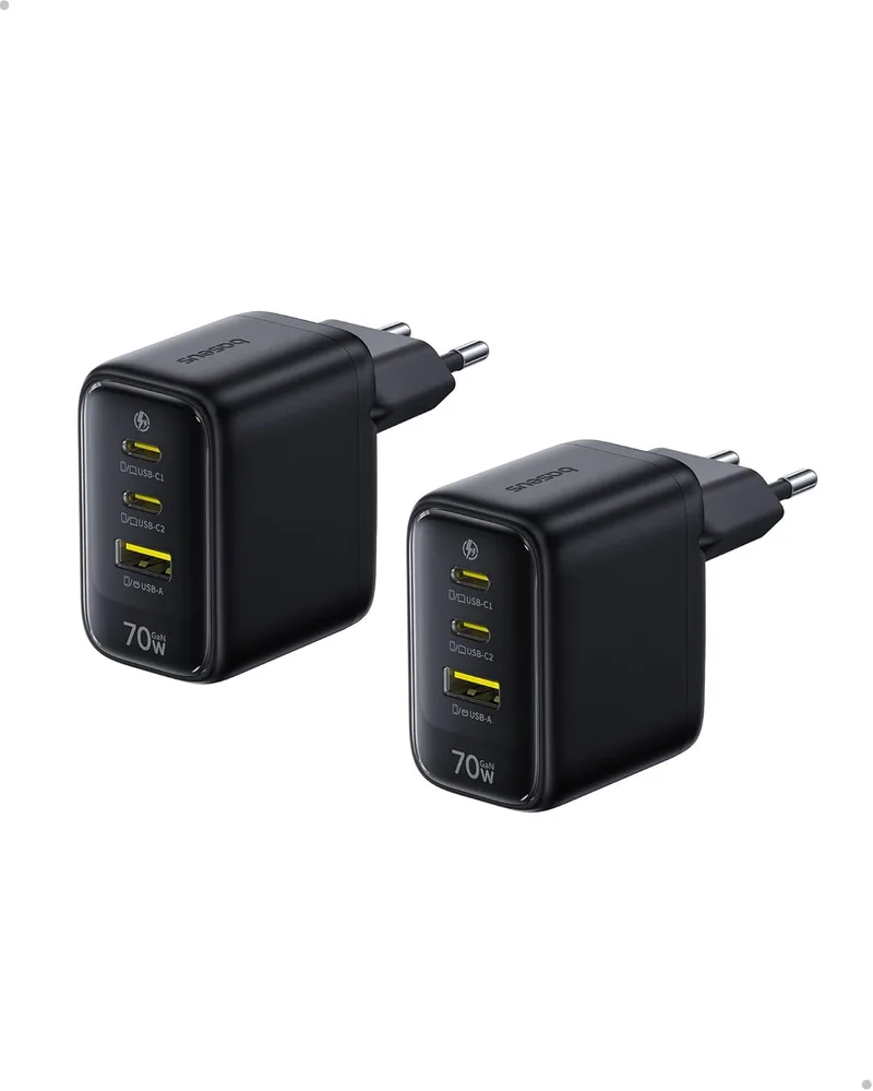 Baseus ▫️ Enerfill - Carregador USB-C de 70 W GaN6 com 3 portas - Fonte de alimentação compacta para MacBook Air, iPhone 17/16/15 Pro MAX, iPad Pro, Galaxy S25/S24, Pixel, computador portátil e muito mais