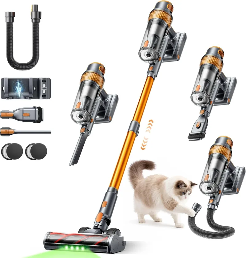 SMOTURE ▫️ Aspirador sem fio potente de 50KPA/600W, aspirador de vassoura vertical de 65Min(ECO) com modo automático, escova anti-emaranhado, mangueira de 1M e luz LED, ideal para pêlos de animais, alcatifa e carro
