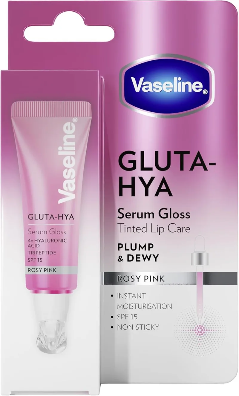 Vaseline ▫️ Sérum Labial Gluta-Hya Rosy Pink 10 ml. Com ácido hialurónico, tripéptido, tecnologia Glutaglow e FPS 15. Cor, volume e proteção. Hidratação instantânea e acabamento brilhante não pegajoso.