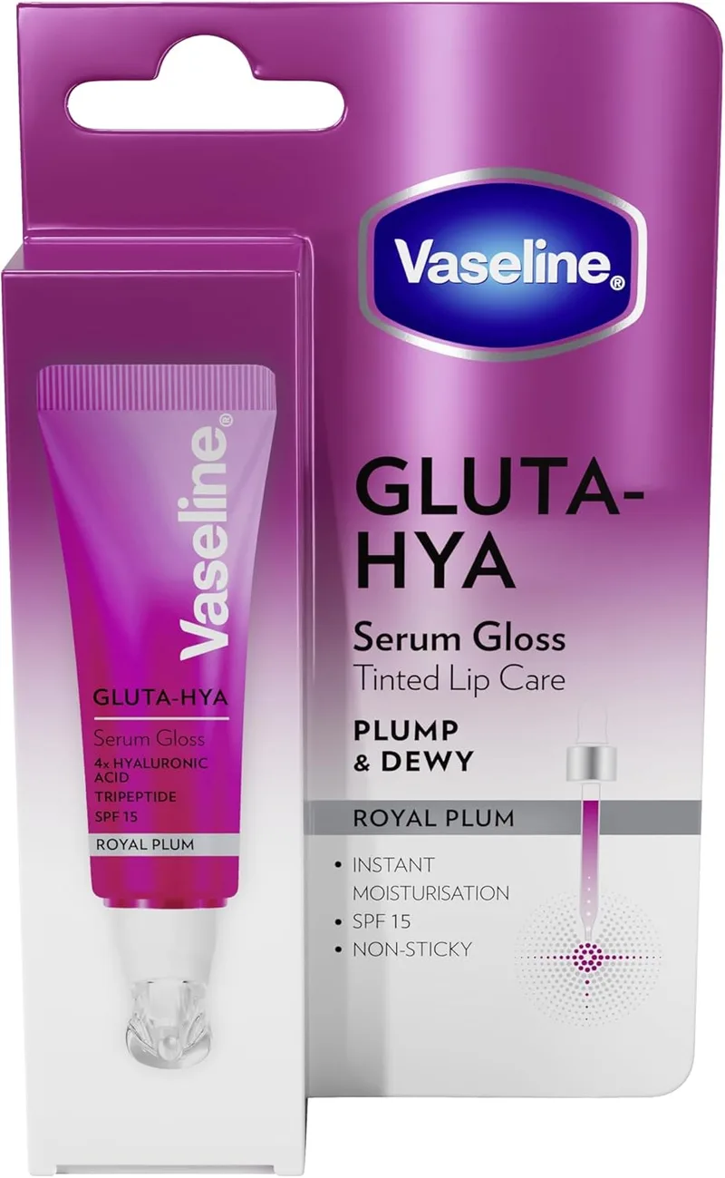 Vaseline ▫️ Sérum Labial Gluta-Hya Royal Plum 10 ml. Com ácido hialurónico, tripéptido, tecnologia Glutaglow e FPS 15. Cor, volume e proteção. Hidratação instantânea e acabamento brilhante não pegajoso.
