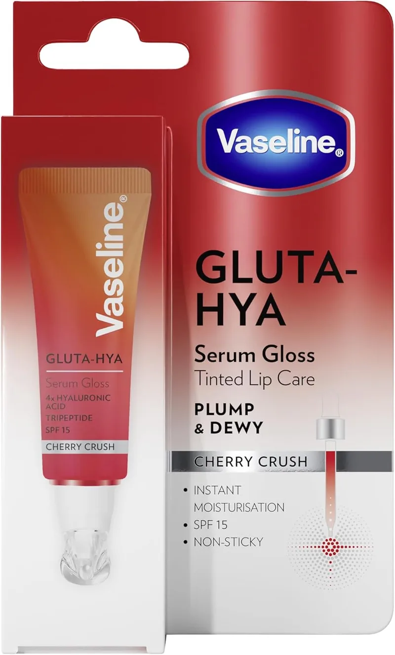 Vaseline ▫️ Sérum Labial Gluta-Hya Cherry Crush 10 ml. Com ácido hialurónico, tripéptido, tecnologia Glutaglow e FPS 15. Cor, volume e proteção. Hidratação instantânea e acabamento brilhante não pegajoso.