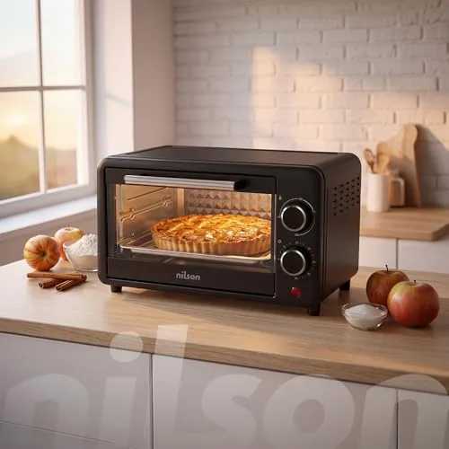 Nilson Life ▫️ Forno de mesa de 10 L, compacto, 1000 W, controlo mecânico, NHS1000N, termóstato regulável, temperatura máxima de 230º, temporizador de 60 min, inclui tabuleiro esmaltado e grelha metálica 2