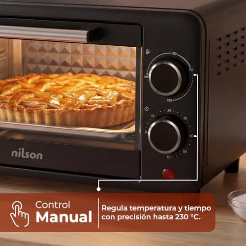 Nilson Life ▫️ Forno de mesa de 10 L, compacto, 1000 W, controlo mecânico, NHS1000N, termóstato regulável, temperatura máxima de 230º, temporizador de 60 min, inclui tabuleiro esmaltado e grelha metálica 3