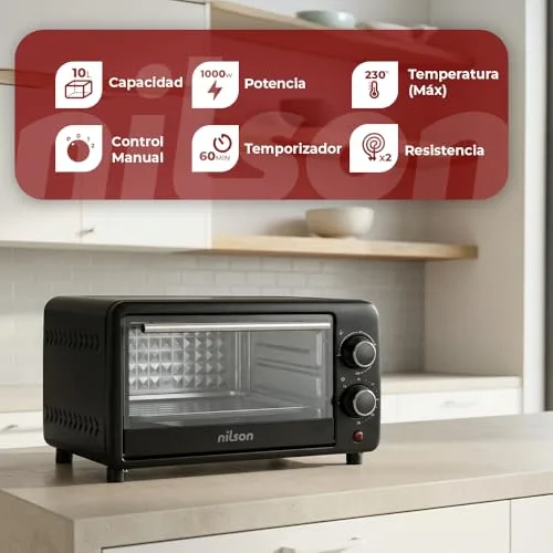 Nilson Life ▫️ Forno de mesa de 10 L, compacto, 1000 W, controlo mecânico, NHS1000N, termóstato regulável, temperatura máxima de 230º, temporizador de 60 min, inclui tabuleiro esmaltado e grelha metálica 4