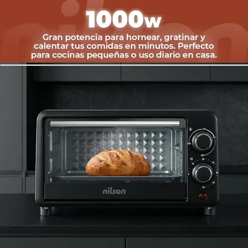 Nilson Life ▫️ Forno de mesa de 10 L, compacto, 1000 W, controlo mecânico, NHS1000N, termóstato regulável, temperatura máxima de 230º, temporizador de 60 min, inclui tabuleiro esmaltado e grelha metálica 5