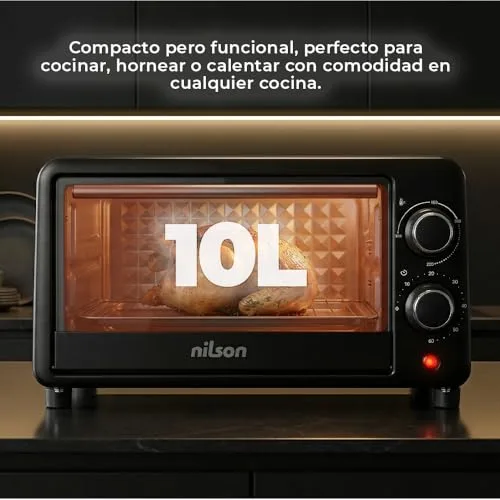 Nilson Life ▫️ Forno de mesa de 10 L, compacto, 1000 W, controlo mecânico, NHS1000N, termóstato regulável, temperatura máxima de 230º, temporizador de 60 min, inclui tabuleiro esmaltado e grelha metálica 6