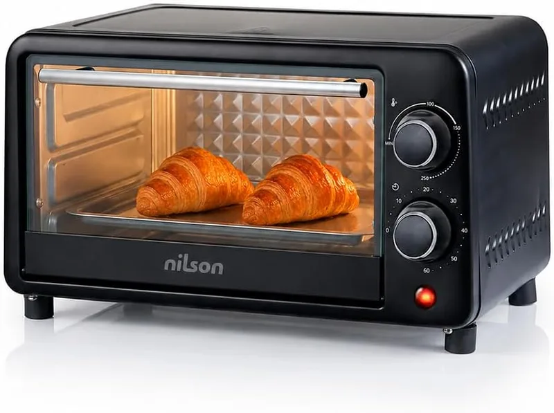 Nilson Life ▫️ Forno de mesa de 10 L, compacto, 1000 W, controlo mecânico, NHS1000N, termóstato regulável, temperatura máxima de 230º, temporizador de 60 min, inclui tabuleiro esmaltado e grelha metálica