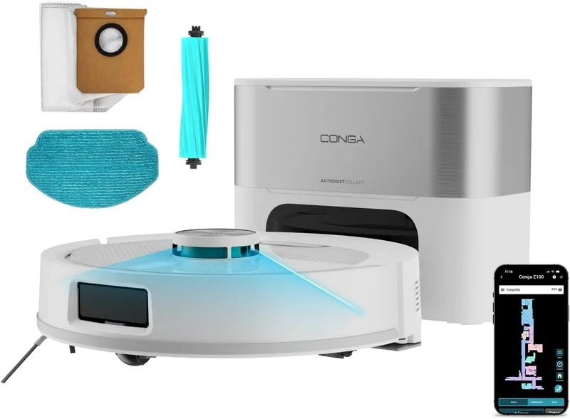 Cecotec ▫️ Aspirador Robot - Base Auto Esvaziante 3L - IA - Navegação Laser - 2500Pa - Conga Y90 Pearl. Autonomia 240mins em Modo Eco, Escova de Silicone, Ideal para casas com animais de estimação, Bluetooth e WiFi, 2 Mopas