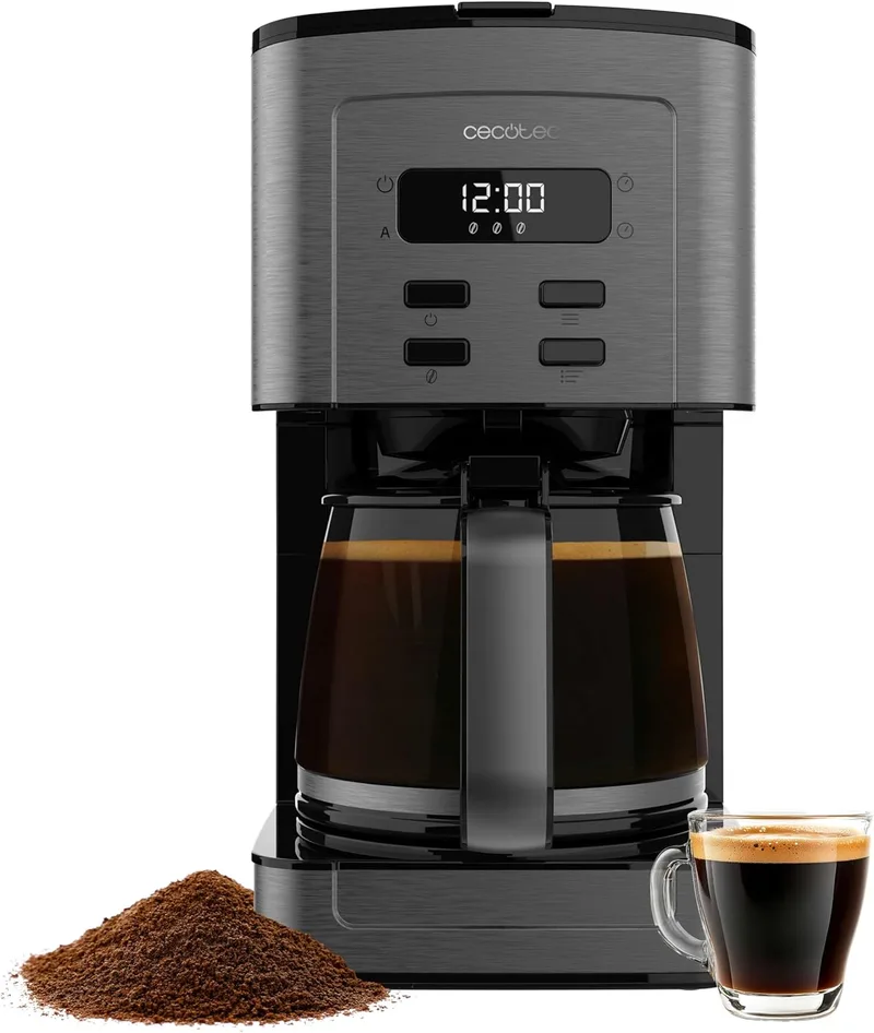 Cecotec ▫️ Cafeteira digital - 12 chávenas - Tempo de café 66. 800W, acabamento em aço inoxidável, intensificador de aromas, jarra de vidro de 1,3L, programável, preservação do calor, filtro e colher.