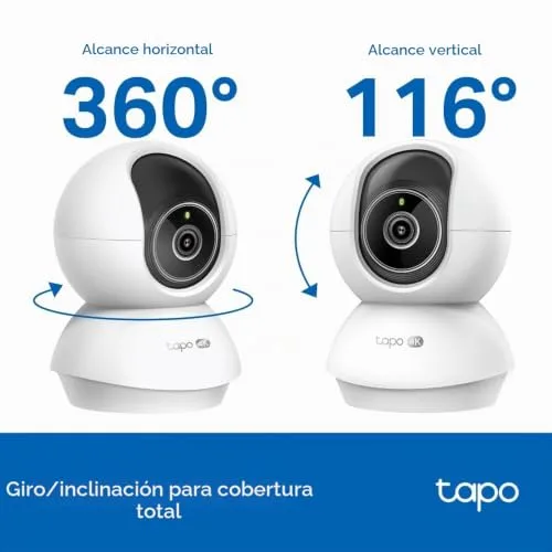 Tapo ▫️ Câmara de vigilância C250 4K para interiores, com visão de 360°, deteção local por IA e acompanhamento de movimento com zoom, visão noturna por infravermelhos, zona de bloqueio de privacidade, memória Micro SD ou na nuvem 5