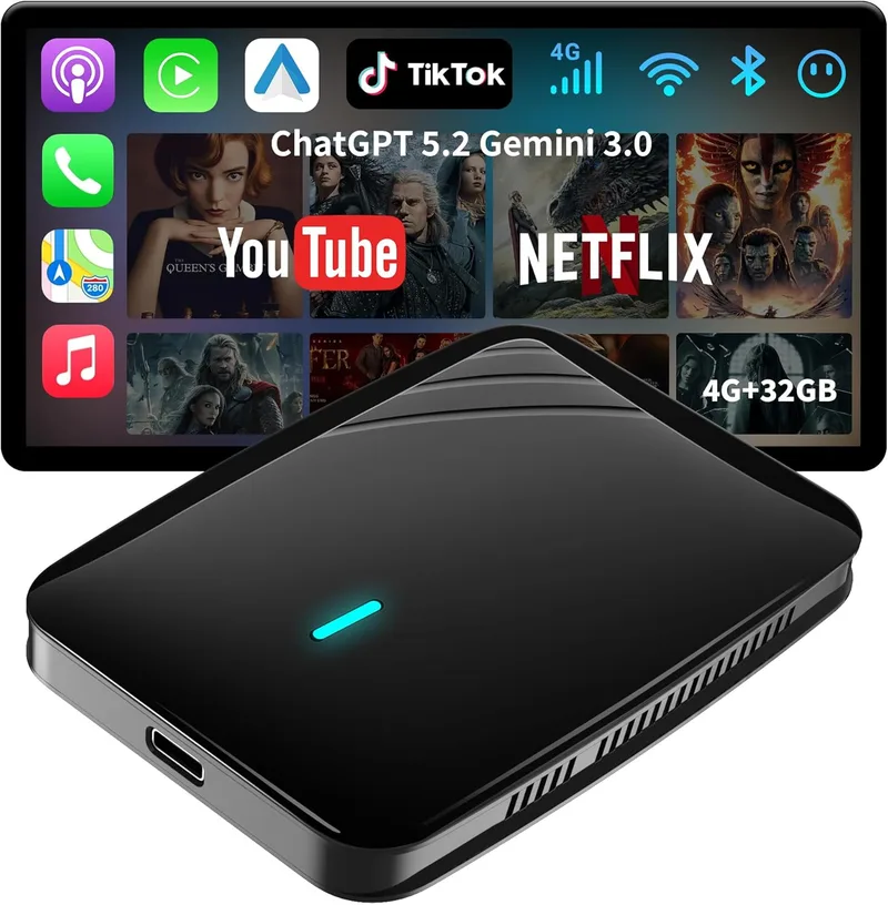 ATOTODIRECT ▫️ Adaptador CarPlay sem fios para Android Auto, AI Box CarPlay Video 3 em 1 para cabo OEM CP/AA, 4G+32G, Hub IoT Wi-Fi duplo e Bluetooth, para Netflix/Youtube/TikTok, DriveChat AI Voice, CB4B
