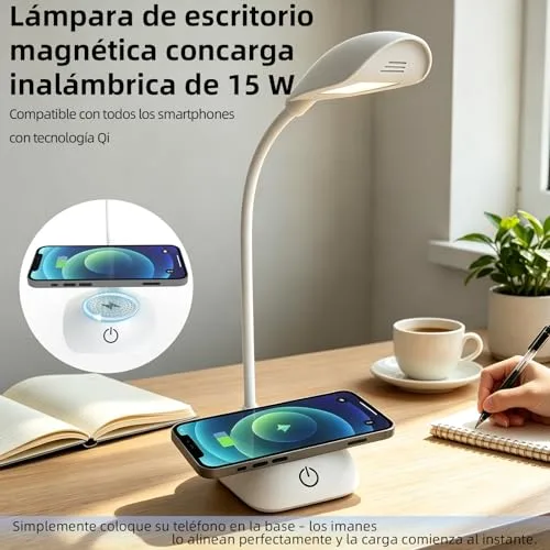 Zensun ▫️ Candeeiro de secretária com carregamento sem fios magnético MagSafe de 15 W, 3 temperaturas de cor e intensidade regulável, 600 LM, CRI 85, pescoço ajustável, para escritório em casa, estúdio e quarto, branco 3