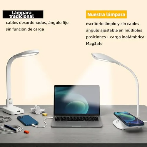 Zensun ▫️ Candeeiro de secretária com carregamento sem fios magnético MagSafe de 15 W, 3 temperaturas de cor e intensidade regulável, 600 LM, CRI 85, pescoço ajustável, para escritório em casa, estúdio e quarto, branco 6