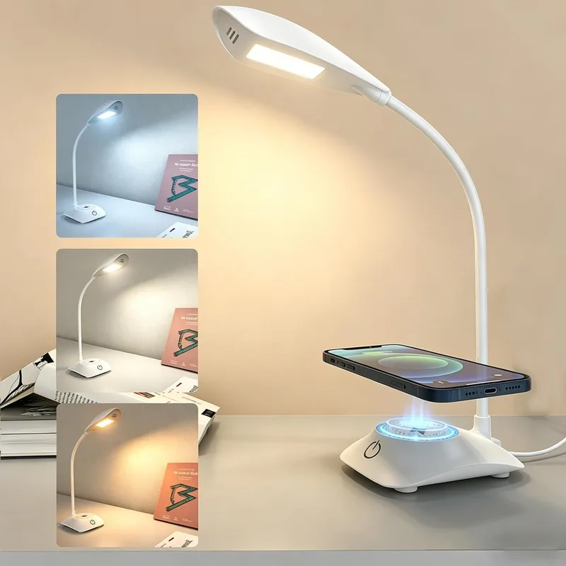 Zensun ▫️ Candeeiro de secretária com carregamento sem fios magnético MagSafe de 15 W, 3 temperaturas de cor e intensidade regulável, 600 LM, CRI 85, pescoço ajustável, para escritório em casa, estúdio e quarto, branco