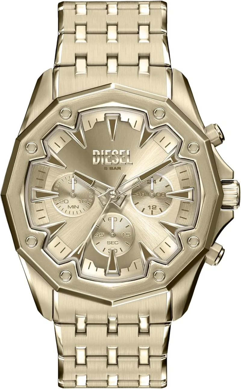 Diesel ▫️ Relógio Stinger para homem, 46 mm, em aço inoxidável com acabamento dourado, DZ4707