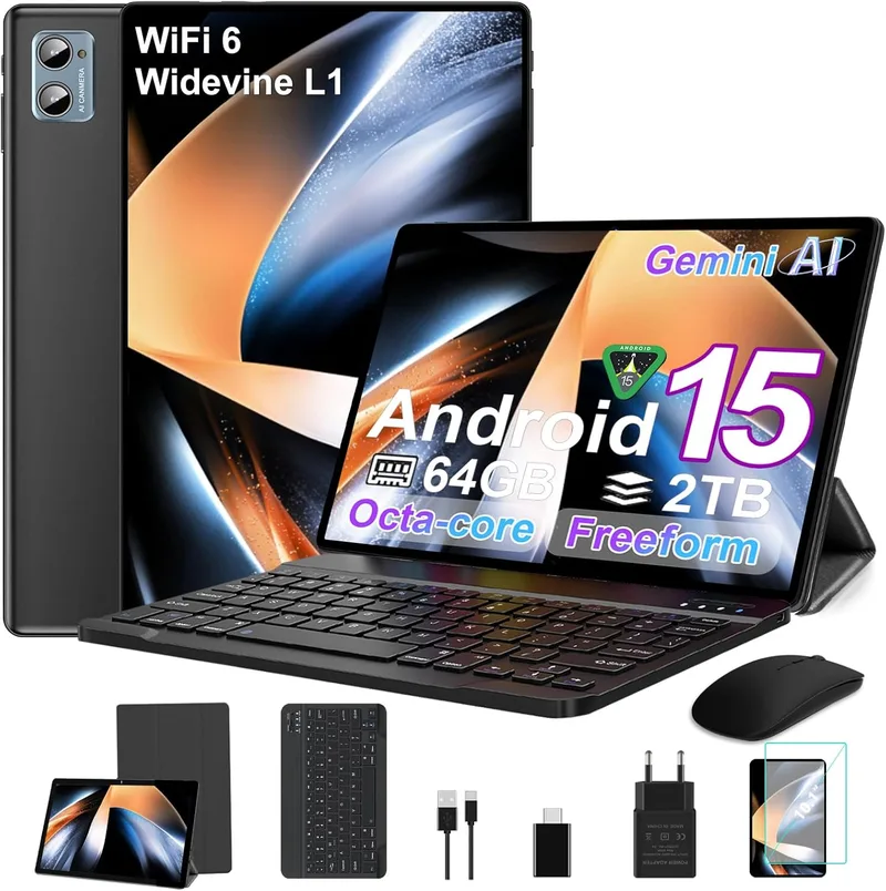 SUAAT ▫️ Tablet Android 2026 de 15 polegadas, octa-core, com 64 GB de ROM + 2 TB de TF | 10 polegadas | 5G + Wi-Fi 2,4 GHz | FHD | GMS | Bluetooth 5.0 | 8 MP + 5 MP | Tipo C, Tablet tátil com capa, teclado e rato, cor preta