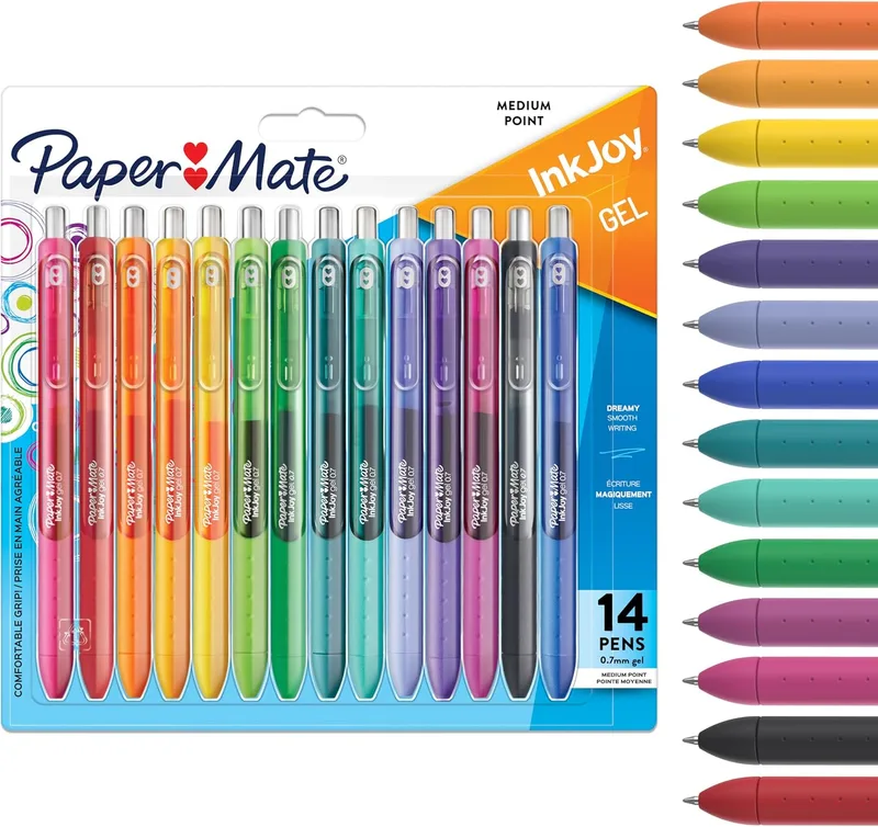 Paper Mate ▫️ InkJoy - Canetas de gel | Cores de tinta vibrantes e variadas | Para escrever, colorir e escrever no diário | Ponta média (0,7 mm) | 14 unidades