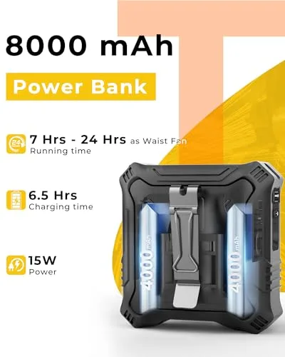 TUNISE ▫️ Ventilador com clipe para cinto, bateria recarregável de 8000 mAh, 5 velocidades com até 24 horas de autonomia, luz LED e sinal de SOS integrados, ventilador portátil para trabalho ao ar livre, campismo e caminhadas 2