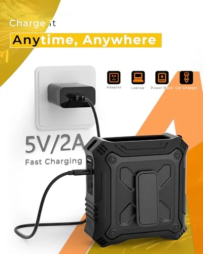 TUNISE ▫️ Ventilador com clipe para cinto, bateria recarregável de 8000 mAh, 5 velocidades com até 24 horas de autonomia, luz LED e sinal de SOS integrados, ventilador portátil para trabalho ao ar livre, campismo e caminhadas 4