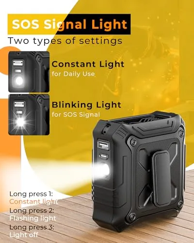 TUNISE ▫️ Ventilador com clipe para cinto, bateria recarregável de 8000 mAh, 5 velocidades com até 24 horas de autonomia, luz LED e sinal de SOS integrados, ventilador portátil para trabalho ao ar livre, campismo e caminhadas 6