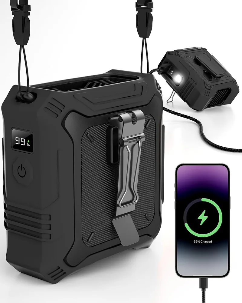 TUNISE ▫️ Ventilador com clipe para cinto, bateria recarregável de 8000 mAh, 5 velocidades com até 24 horas de autonomia, luz LED e sinal de SOS integrados, ventilador portátil para trabalho ao ar livre, campismo e caminhadas