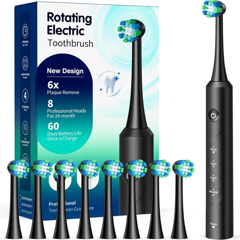 TEETHEORY ▫️ Escova de dentes eléctrica rotativa para adultos com 8 cabeças de escova, 4 modos de limpeza, 60 dias de autonomia da bateria e temporizador inteligente de 2 minutos - Escova de dentes