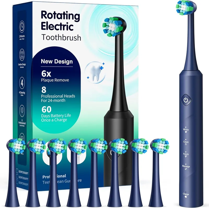 TEETHEORY ▫️ Escova de dentes elétrica rotativa para adultos com 8 cabeças de escova, 4 modos de limpeza, autonomia da bateria de 60 dias e temporizador inteligente de 2 minutos - Escova de dentes