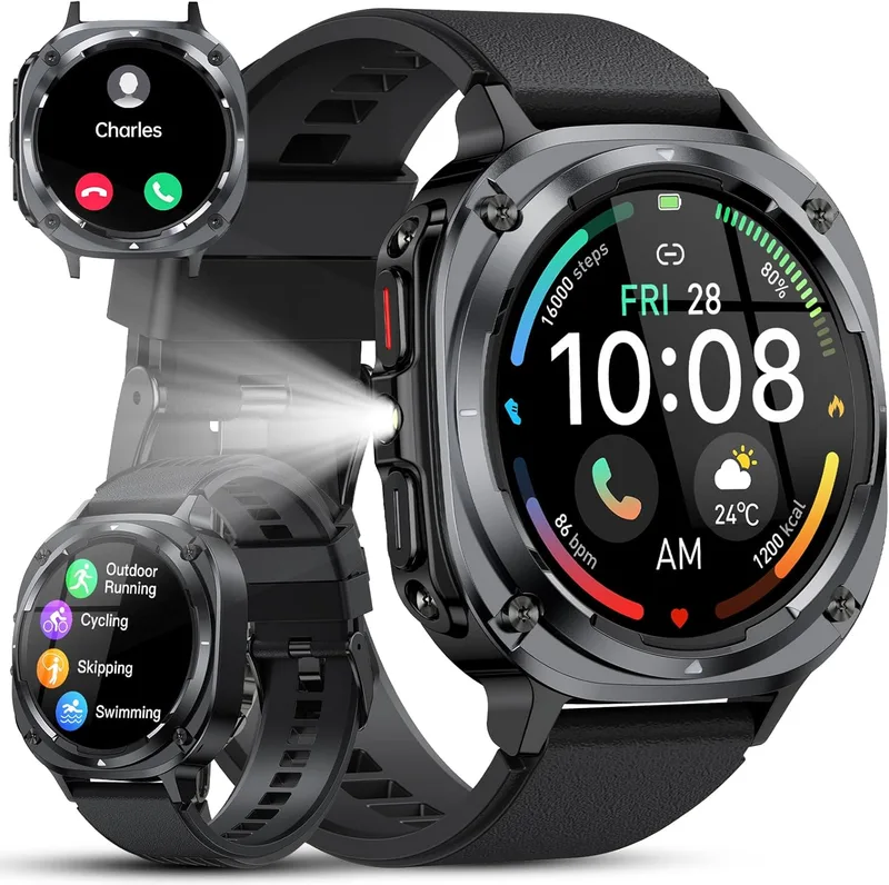 TIMU ▫️ Relógio Inteligente Militar para Homem, Smartwatch HD de 1,45" para Homem com Chamadas BT 5.4, Mais de 114 Modos Desportivos, Monitor de Sono/Pedómetro/Pulsómetro, Resistente à Água IP68, Pulseira de Atividade para Android e iOS
